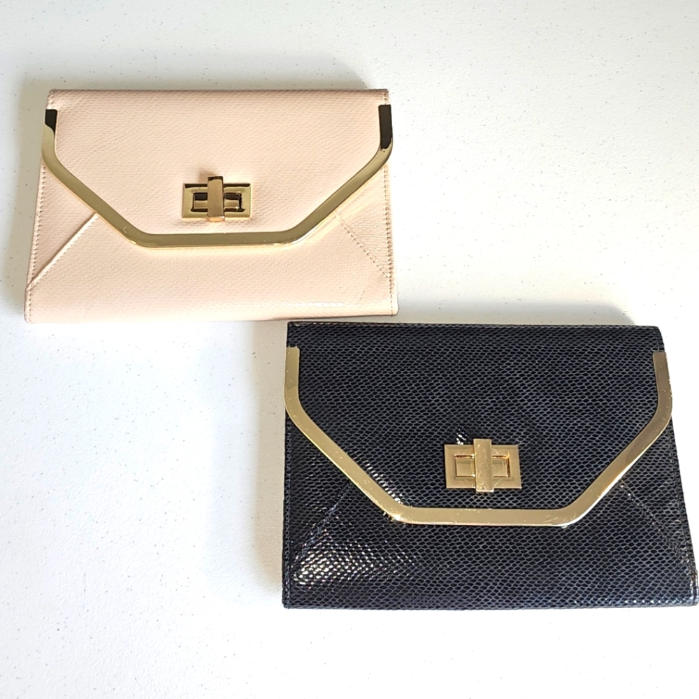 Aldo Envelope Clutch Beige +Black Evening Bags Purses W/ Gold Chain Straps (2)